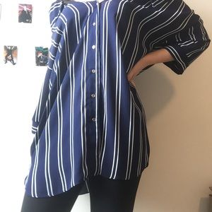 Navy and White Off the Shoulder Oversized Top